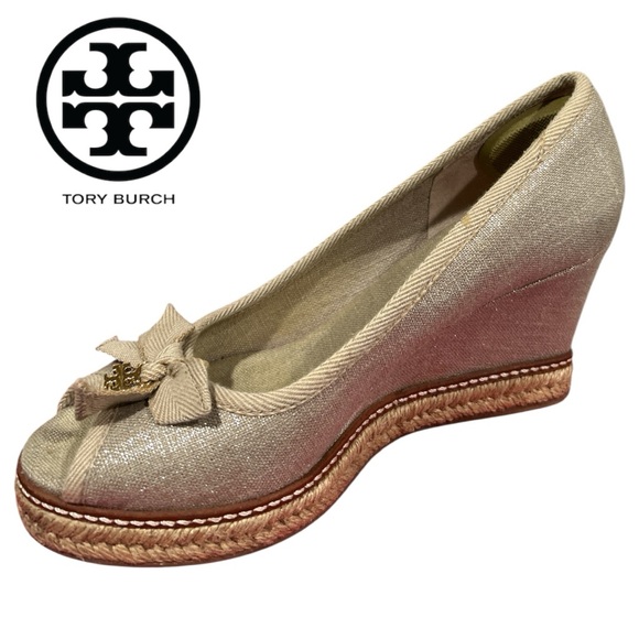 Tory Burch Women’s Jackie Metallic Washed Linen Peep Toe Espadrilles - Size 8 - Picture 2 of 5